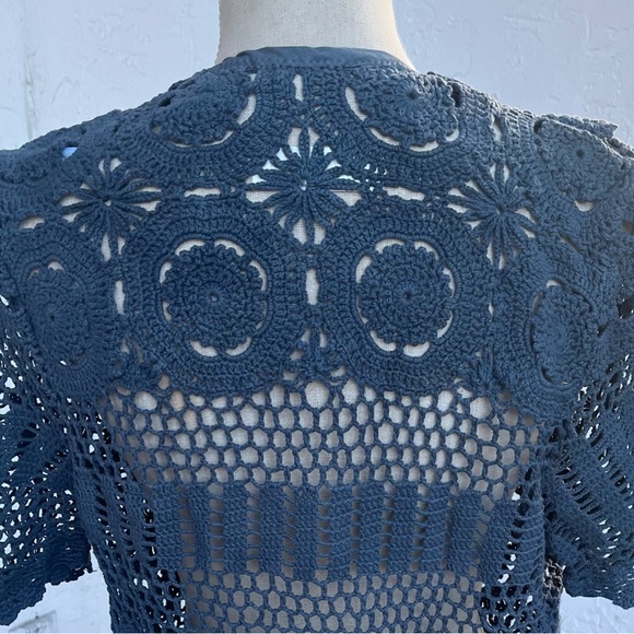 🆕💙OOAK Hand-crochet & Hand-dyed 100% Cotton Short-Sleeve Jacket in Denim Blue - Picture 6 of 6